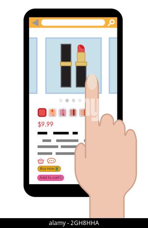 Hand tapping on smartphone for shopping lipstick cosmetic online Stock Vector