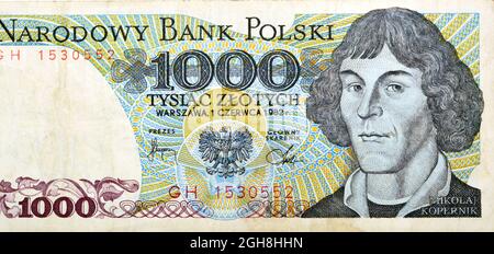 Large fragment of obverse side of 1000 one thousand old Polish Zlotych banknote currency, year 1982 with portrait of Nicolaus Copernicus (Mikolaj Kope Stock Photo