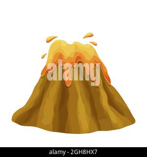 Volcano eruption with magma in cartoon style isolated on white background. Volcanic activity hot lava, big mountain with crater. Vector illustration Stock Vector