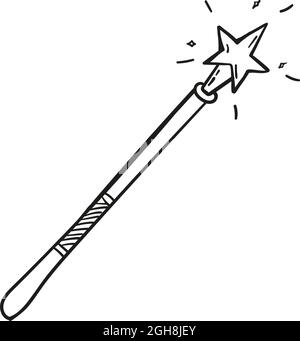 Hand drawn magic wand icon in doodle style isolated. Stock Vector
