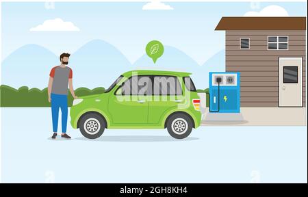 An aware  person opting nature reserving option for his car as he charges his car from electricity limiting the co2 emissions drastically. Stock Vector