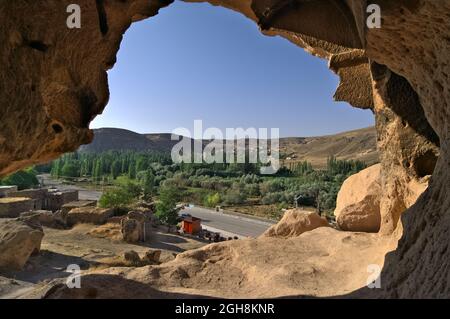 landmark of outdoor tourism in Turkey landscape of Ihlara Valley framed from rock-cut cave house of Selime Castle Stock Photo