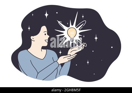 Enlightenment, harmony, having great idea concept. Young smiling woman cartoon character having light bulb in flying brunette hair feeling positive and excited vector illustration  Stock Vector