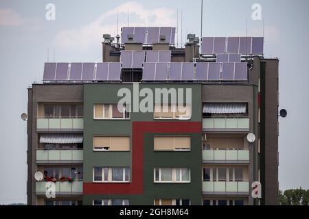 Solar panels installed on roof of the appartment house. Good lighting conditions, Naturally soft light Stock Photo