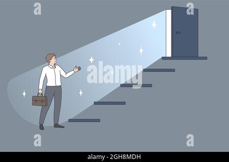Business career and development concept. Young businessman worker standing near ladder with open door on top and better future with success vector illustration  Stock Vector