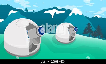 Observatory on top of mountain. Station for observing space, stars and planets of solar system. Space exploration. Illustration vector Stock Vector