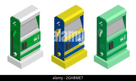 isometric electric charging station. Eco friendly alternative energy sources for transport. Realistic 3D vector isolated on white background Stock Vector
