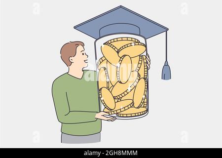 Investing money in education concept. Young boy standing holding huge jar full of golden coins covered with student degree bonet vector illustration  Stock Vector