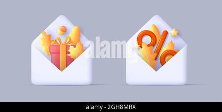 3d open envelope with autumn leaves and gift box, percent symbol with leaves out of the post envelop, 3d icon render style, modern graphic Stock Vector