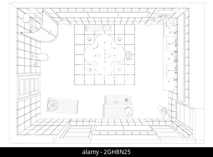 Contour of a room with a sauna and shower from black lines isolated on a white background. View from above. Vector illustration. Stock Vector