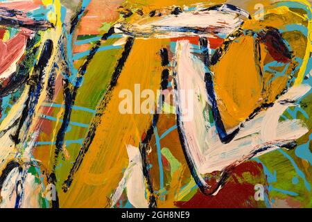 An abstract fragment of painting showing vibrant colors, brushstroke texture, and line flows. Stock Photo