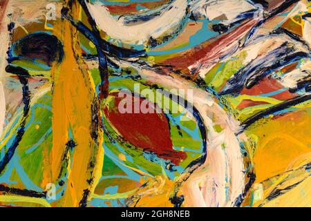 An abstract fragment of painting showing vibrant colors, brushstroke texture, and line flows. Stock Photo