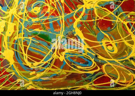 An abstract fragment of painting showing vibrant colors, brushstroke texture, and line flows. Stock Photo