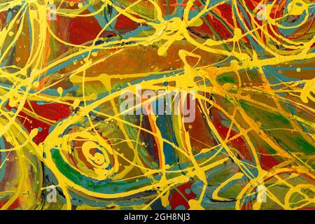 An abstract fragment of painting showing vibrant colors, brushstroke texture, and line flows. Stock Photo