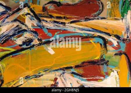 An abstract fragment of painting showing vibrant colors, brushstroke texture, and line flows. Stock Photo