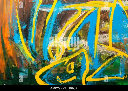 An abstract fragment of painting showing vibrant colors, brushstroke texture, and line flows. Stock Photo