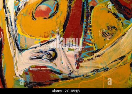 An abstract fragment of painting showing vibrant colors, brushstroke texture, and line flows. Stock Photo