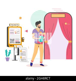 Cinema self service terminal. Man buying movie ticket at self service kiosk, flat vector illustration. E-ticket machine. Stock Vector