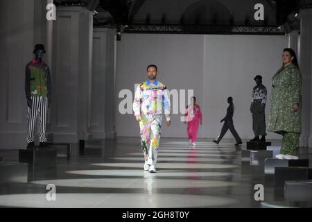 KYIV, UKRAINE - SEPTEMBER 4, 2021 - TV presenter Tymur Miroshnychenko models during the OVERALL catwalk show at the Mystetskyi Arsenal National Art an