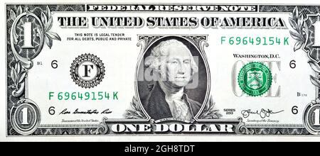 Large fragment of the Obverse side of 1 one dollar bill banknote  with the portrait of president George Washington, old American money bank Stock Photo