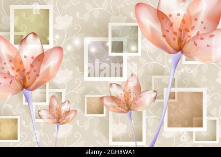 3d Mural modern wallpaper. purple rose flowers with Squares and decorative background . modern art for wall home decor Stock Photo