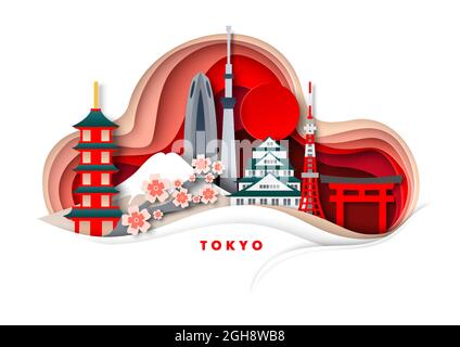 Tokyo city, vector paper cut illustration. Temples, tower, Japan famous landmarks and tourist attractions. Global travel Stock Vector