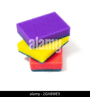 multi-colored sponges for washing dishes on a white background Stock Photo