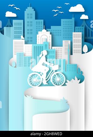 Woman riding bicycle with basket, city building silhouettes, vector paper cut illustration. City eco transport poster. Stock Vector