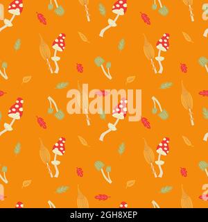Autumn mushrooms with colorful leaves. Seamless illustration with amanita and toadstools. Fabric, background or wallpaper. Stock Vector