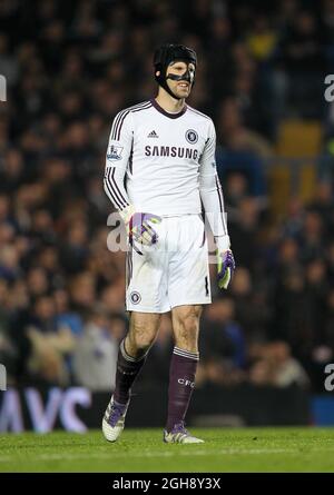 Chelseas Petr Cech with his new headguard during the Barclays Premier League soccer match between Chelsea and Liverpool at Stamford Bridge Stadium in London, Sunday, Nov. 20, 2011. Stock Photo