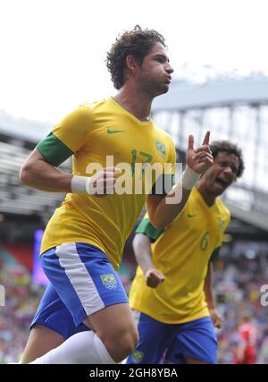 Brazil's Alexandre Pato celebrates scoring their third goal.Brazil v Belarus during the Olympic 2012 Group C match at Old Trafford, Manchester United Kingdom on the 29th July 2012. Stock Photo