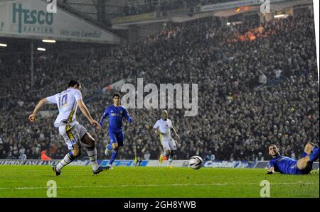 Luciano Becchio of Leeds United scores the first goal during Capital One Cup, Quarter Final match between Leeds United vs Chelsea at Elland Road Stadium, Leeds. Picture Simon Bellis. Stock Photo