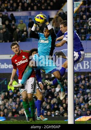 Phil Jagielka of Everton in action with Michel Vorm of Swansea City during the Barclays Premier League between Everton and Swansea City at the Goodison Park in Liverpool, England on January 12, 2013. Paul Thomas Stock Photo