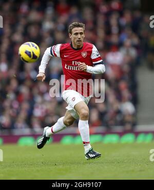 Arsenal's Nacho Monreal in action during the Barclays Premier League soccer match between Arsenal and Stoke at the Emirates Stadium in London, United Kingdom on February 02, 2013. Stock Photo