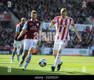 Ryan Shawcross of Stoke City (r) during Barclays Premier League match between Stoke City and Aston Villa at Britannia Stadium in Stoke on Trent,England on April 6, 2013. Stock Photo