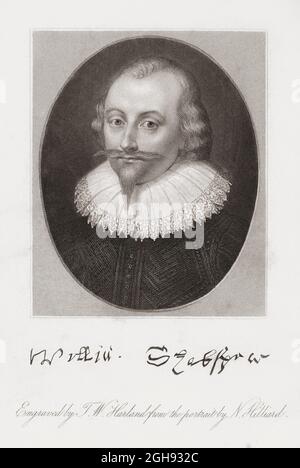 Portrait of William Shakespeare engraved by 19th century English engraver T.W. Harland after a work attributed to N. Hilliard.  However it is thought the picture was done not by Nicholas Hilliard but by his son Laurence Hilliard.  William Shakespeare, English playwright, 1564 – 1616.  Nicholas Hilliard, English miniaturist, 1547 - 1619.  Laurence Hilliard, English miniaturist, 1582 - 1648.  There is no concensus as to whether this is an actual portrait of Shakespeare. Stock Photo