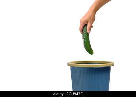 Spoiled cucumber is thrown into trash, on white background, isolate Stock Photo
