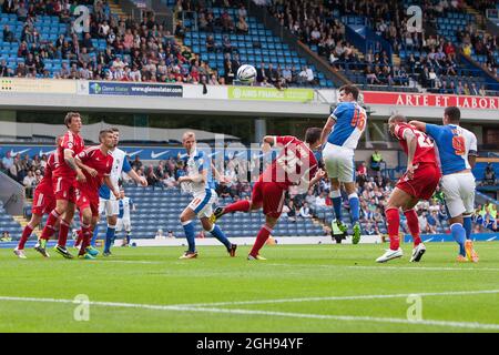 Scott Dann of Blackburn Rovers goes close with a headed chance on goal during the Sky Bet Championship match between Blackburn Rovers and Nottingham Forest held at Ewood Park in Blackburn, UK on Aug. 10, 2013. Photo by: Philip Oldham Stock Photo