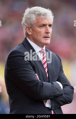 Stoke's manager, Mark Hughes during the Barclays Premier League match between Stoke City and Crystal Palace at Britannia Stadium in Manchester, UK on Aug. 24, 2013. Stock Photo