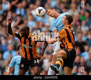 Edin Dzeko of Manchester City during the Barclays Premier League match between Manchester City and Hull City Tigers held at the Etihad Stadium in Manchester, England on August 31, 2013. Stock Photo