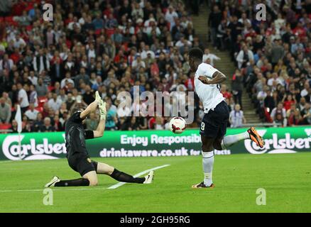England's Danny Welbeck scoring his sides fourth goal during the 2014 FIFA World Cup Qualifier, Group H match between England and Moldova at the Wembley Stadium in London on September 6, 2013. Stock Photo