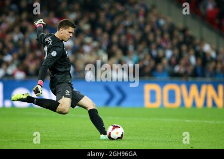 Poland's Wojciech Szcz&#281;sny in action during their FIFA World Cup 2014 qualifier soccer match between England and Poland at the Wembley in London, England, Oct. 15, 2013. Pic Charlie Forgham Stock Photo