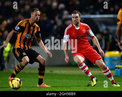Rickie Lambert of Southampton in action during the Barclays Premier League match between Hull City and Southampton at Kingston Communications Stadium, Hull, England on February 11, 2014 Picture Simon Bellis . Stock Photo