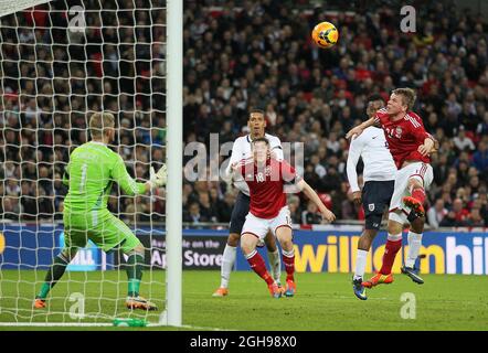 England's Daniel Sturridge scoring his sides opening goal during the International Friendly match between England and Denmark held at the Wembley Stadium in London, England on March 5, 2014. Pic David Klein Stock Photo
