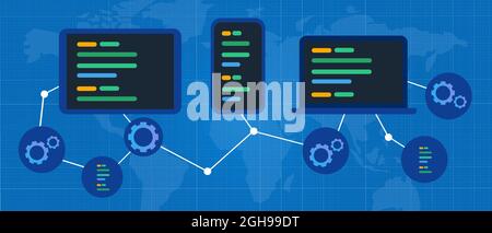 cross-platform multi device software web connected global adaptive application connected online Stock Vector