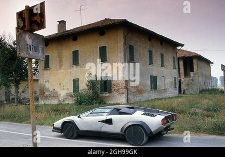 1988 Lamborghini Countach Evoluzione (Carbon Fibre) prototype driving on test near the Factory at Sant'Agata Bolognese Italy Stock Photo