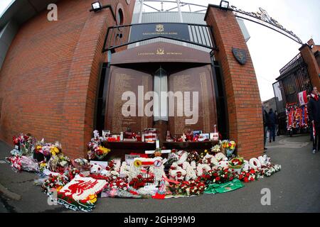 A general view of the Hillsborough memorial during the Barclays Premier League match between Liverpool and Manchester City at the Anfield Stadium in Liverpool on 13th April 2014. Stock Photo