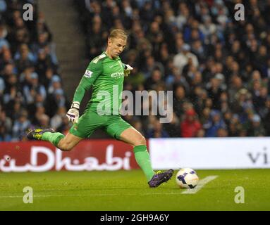Joe Hart of Manchester City in action during the Barclays Premier League match between Manchester City and Aston Villa held at Etihad Stadium in Manchester, United Kingdom on May 07, 2014. Stock Photo