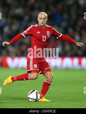 David Cotterill of Wales during the Euro 2016 Qualifying match between Wales and Cyprus at the Cardiff City Stadium in Cardiff, Wales on October 13, 2014. Stock Photo