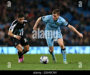 Manchester City's James Milner in action during the Capital One Cup Fourth Round match between Manchester City and Newcastle United at the Etihad Stadium, London on 29, October 2014. Stock Photo